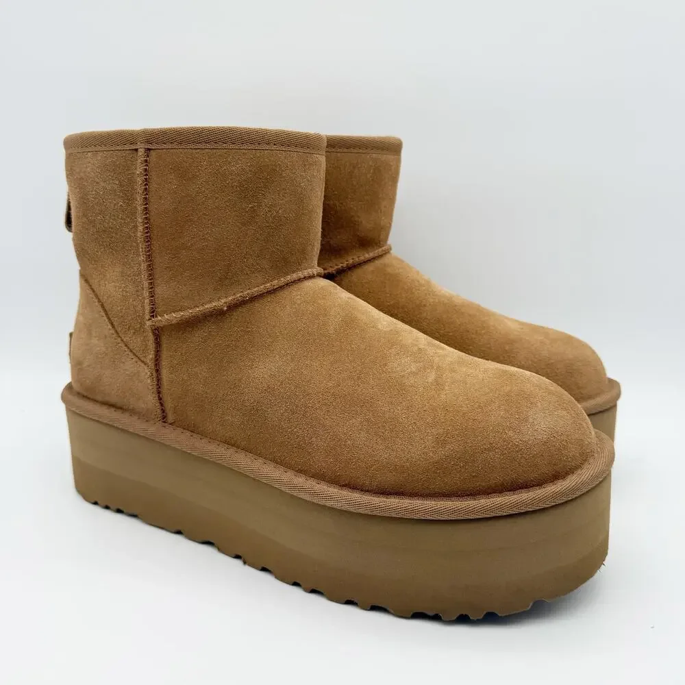 UGG Womens Classic Mini Platform Bootie US 9 EU 40 Chestnut Suede EUC